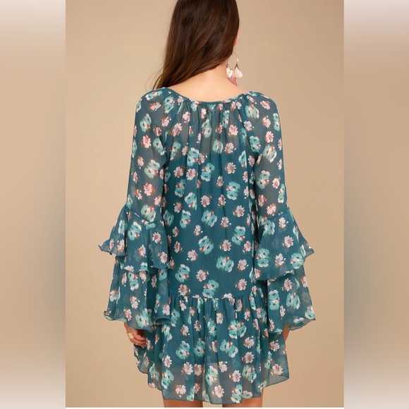 Like New⭐️ Billabong Stevie Blue Floral Boho Long Sleeve Ruffle Mini Dress - Picture 5 of 10